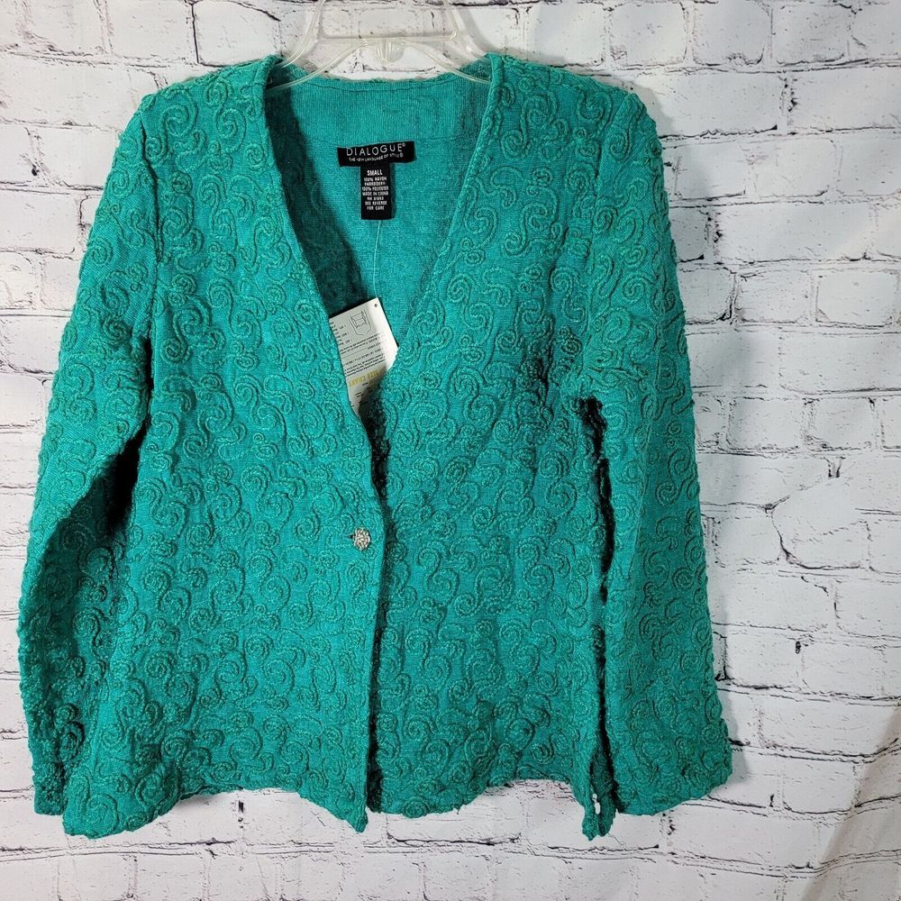 Dialogue Cardigan Sweater Womens‎ Small Teal Green New Swirl Embroidered V-Neck
